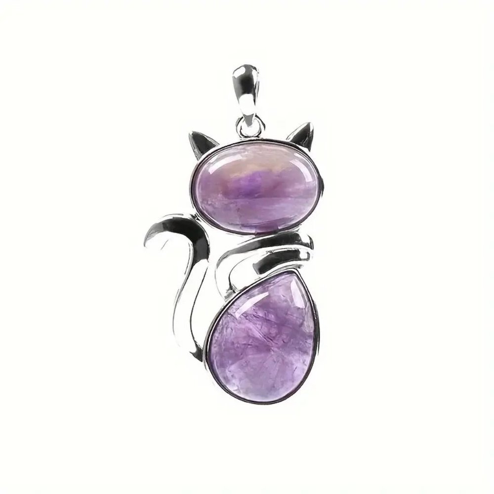 Amethyst Natural Stone Cute Cat Pendant Necklace - Picture 4 of 4